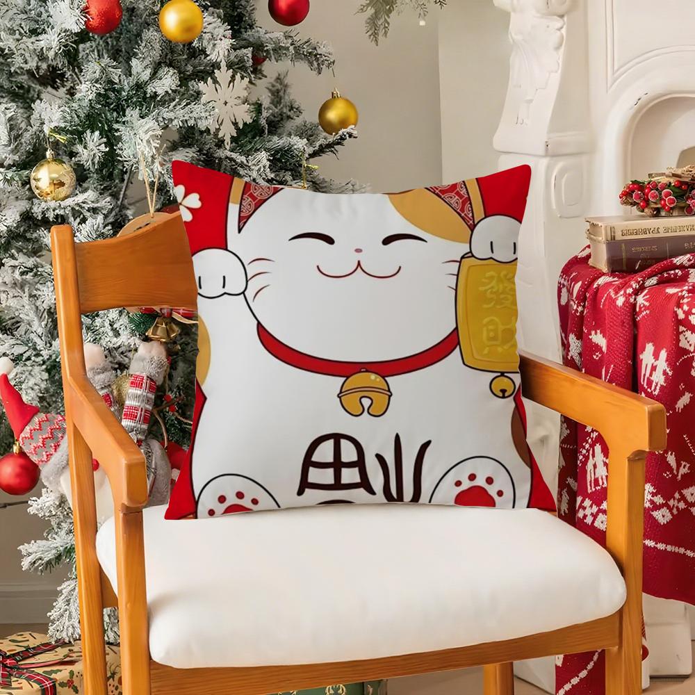 Cute Cartoon Festive Lucky Cat Pillow Case Silky Short Plush With Invisible Zipper Dustproof Sofa Cushion Cover