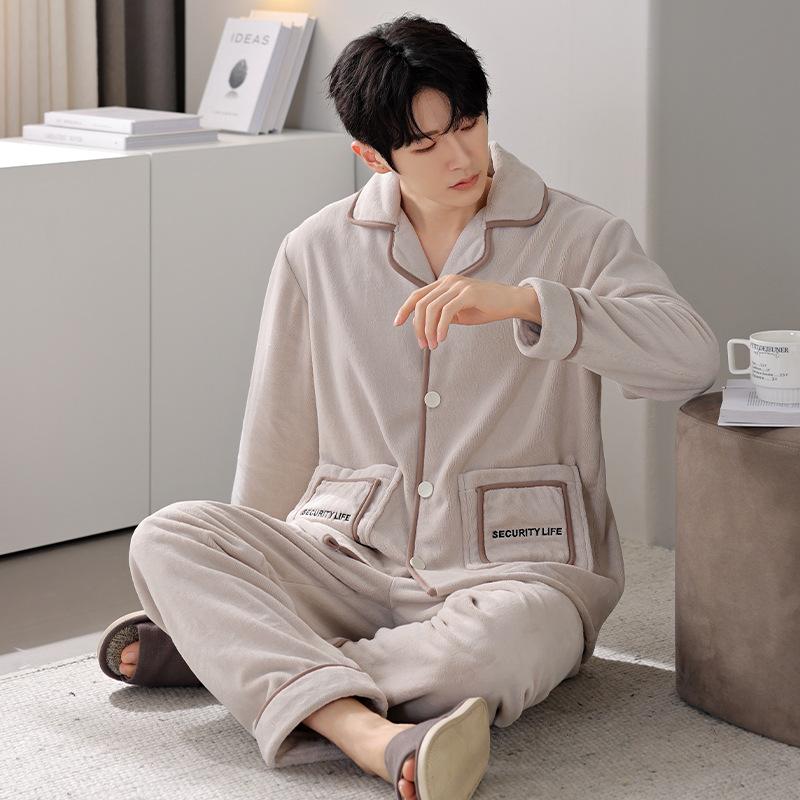 Pajamas Men'S Autumn And Winter Coral Fleece Fleece Thickened Men'S Flannel Can Be Worn Outside Men'S Loungewear Suit