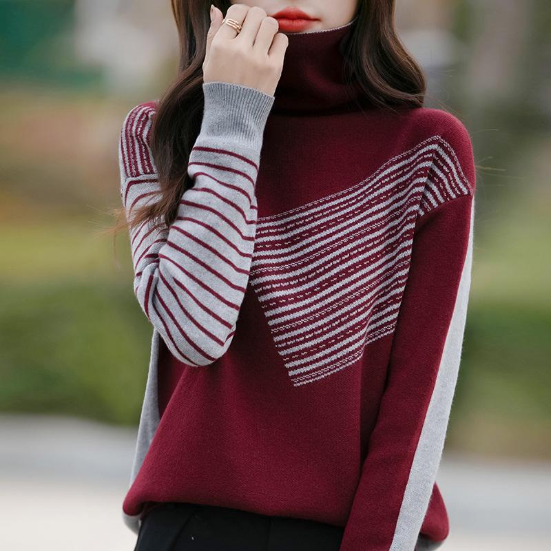 New Women's Color Block Turtleneck Knit Sweater - Loose Fit for Autumn & Winter