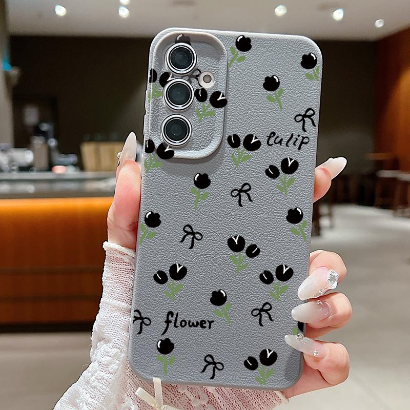 Coque Fleurie Rétro Rose Noire Pour Samsung S26 Ultra A57 A37 A17 A18 S25 S24 S23 S22 Ultra S21 FE A15 A35 A55 A16 A36 A56 5G Couverture Texture Cuir