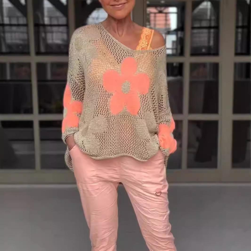 

Цветочный трикотаж с ажурным узором, блузка с V-образным вырезом, вязаный топ-сетка с цветочным узором M персиковый