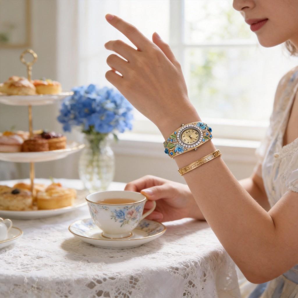 Vintage Cloisonne Floral Ladies Watch Jewelry Set With Quartz Movement For Elegant Wear