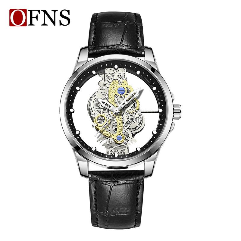OFNS Men s Transparent Double-Sided Skeleton Wristwatch – Fashionable, Waterproof Quartz Watch