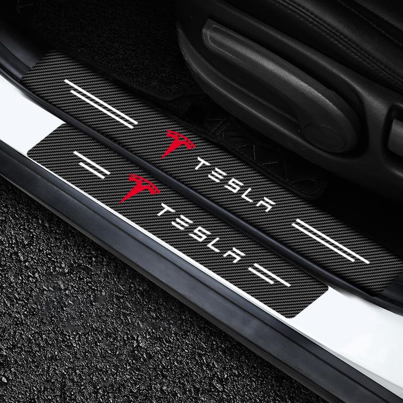 4Pcs Carbon Fiber Car Doorsill Stickers Protect Film Auto Styling For Tesla Model 3 S X Y Style Roadster Invader Coil Mod WYE K80