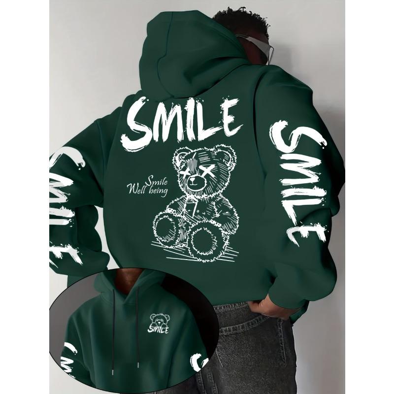 European and American Men's Autumn Fashion Letter Teddy Bear Print Soft and Comfortable Hooded Sweatshirt Outdoor Street Top