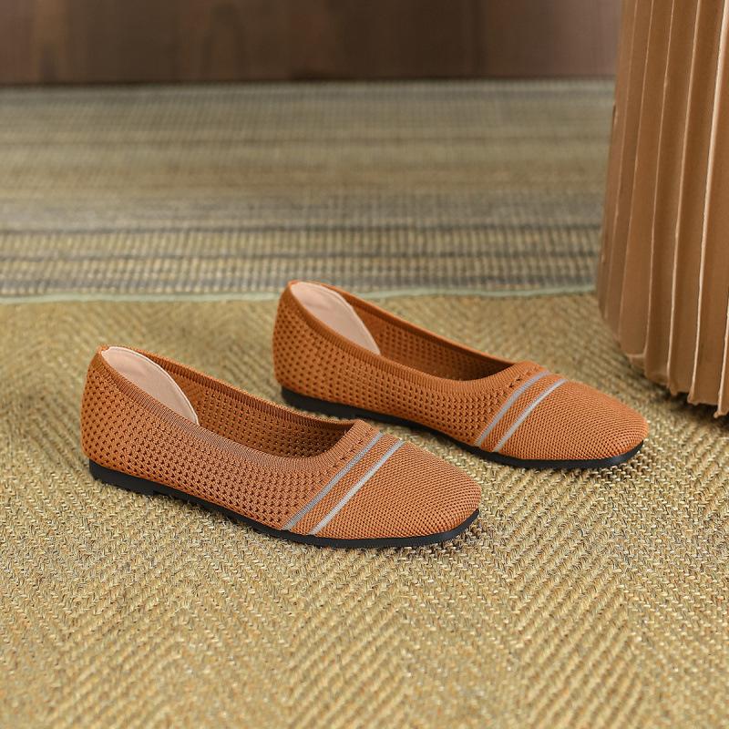 Flying Knitting Flat Bottom Hollow Breathable Soft Sole Single Shoes Women's Shoes Square Head Egg Roll Doudou Shoes Knitted Knitting