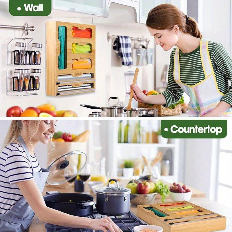 1pc 6 types of grids Plastic Organizer Kitchen Storage Box,Ziplock Bag Organizer&Foil&Plastic Wrap Dispenser With Cutter Bamboo.