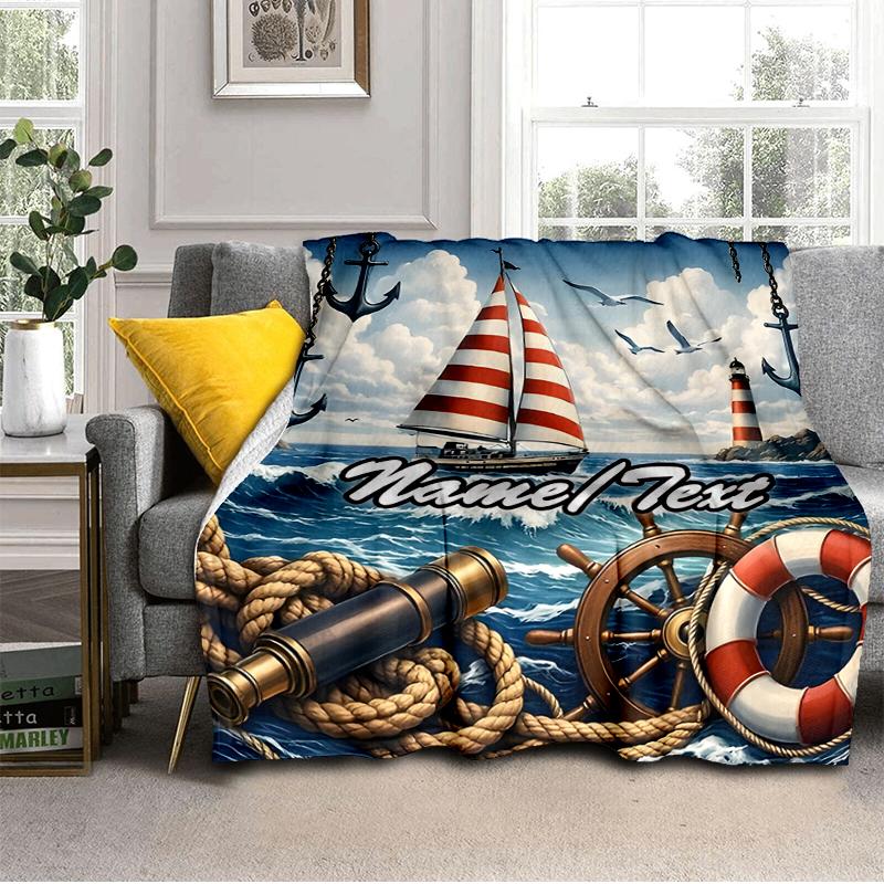 1PC Custom Name Sailboat Adventure Sea Outdooor Flannel Blankets Throw Blanket All-Season Throw Gift Bedspread for Couch, Bed, Camping Holiday Birthda