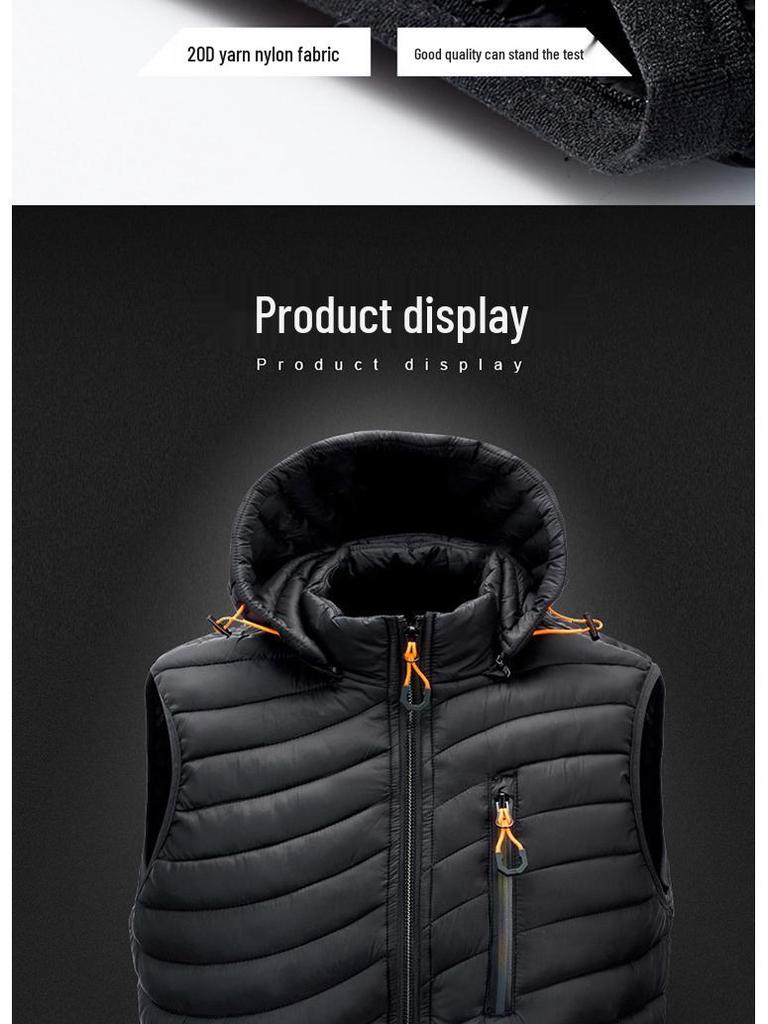 Men's Hooded Cotton-Padded Vest with Zipper Pockets for Autumn & Winter
