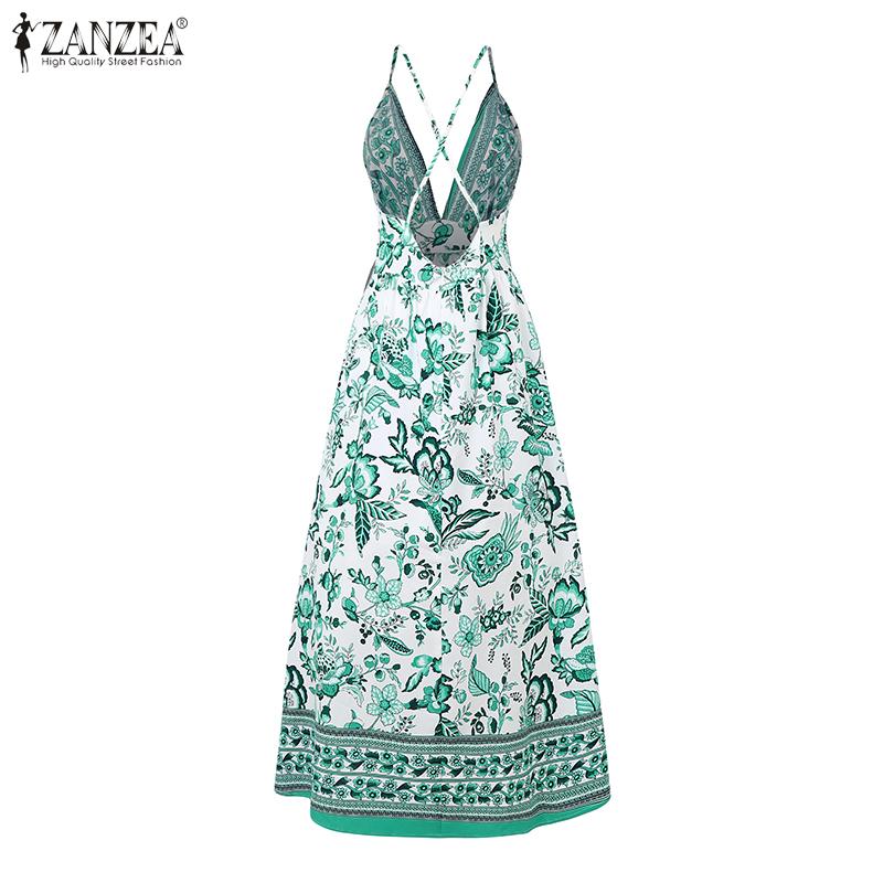 ZANZEA Women Summer Bohemian Print Casual V-Neck Sleeveless Straps Dress