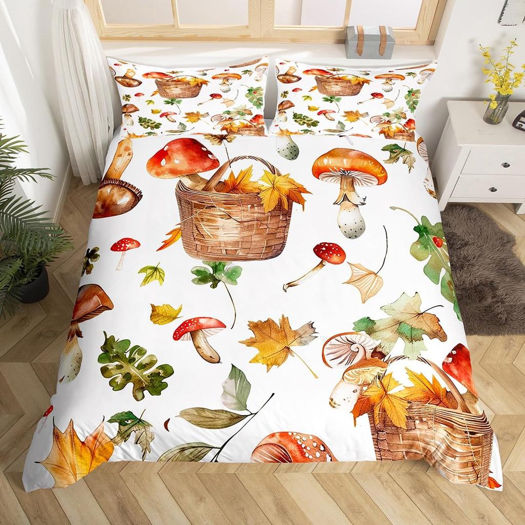Comforter Wild Mushroom Bedding Set King Queen Cute Mushrooms Comforter Kawaii Fungus Cartoon Plant Leaves