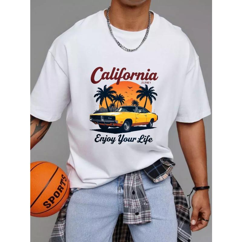 California Journey T Shirt White Classic Car Palm Tree Sunset Design Enjoy Your Life Graphic Printfor Men Summer Outfit Streetwear Fashion