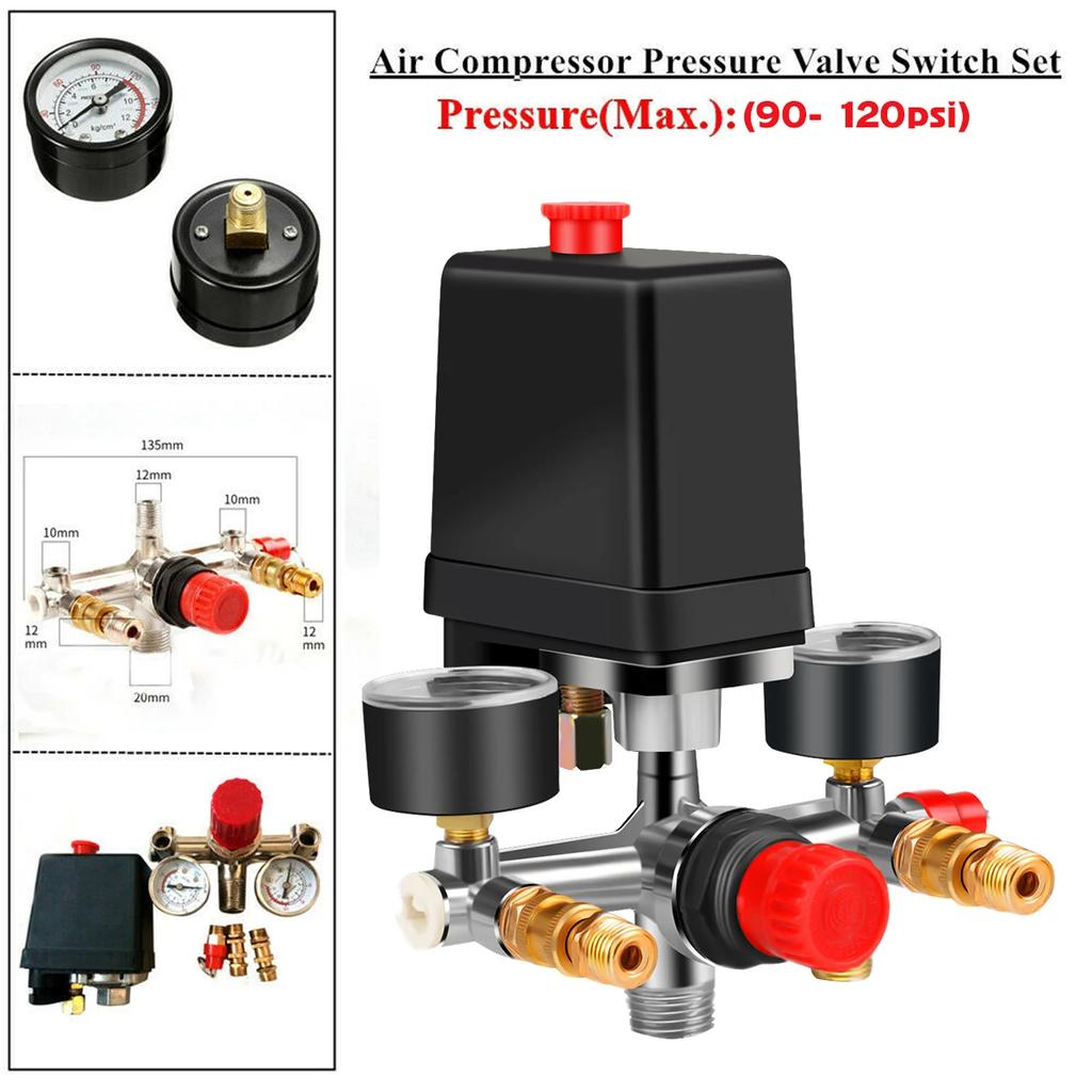 Air Compressor Pressure Switch 90-120PSI Adjustable Manifold Regulator Gauge Durable Compressor Pressure Valve Switch Control