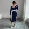 Women Color Block Patchwork Square Collar Long Sleeve High Waist Midi A Line Dress