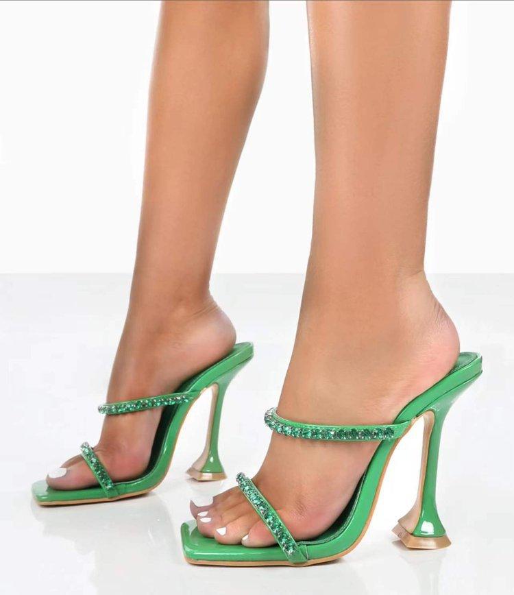 Summer rhinestone high-heeled slippers square head fashion cool slippers