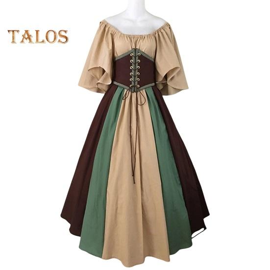 

Vinatge женское платье с развевающимися рукавами контрастного цвета трапециевидной формы с большим подолом и тонкой талией, плиссированные на шнуровке, средневековый костюм для Хэллоуина, косплей, костюм для вечеринки M хаки