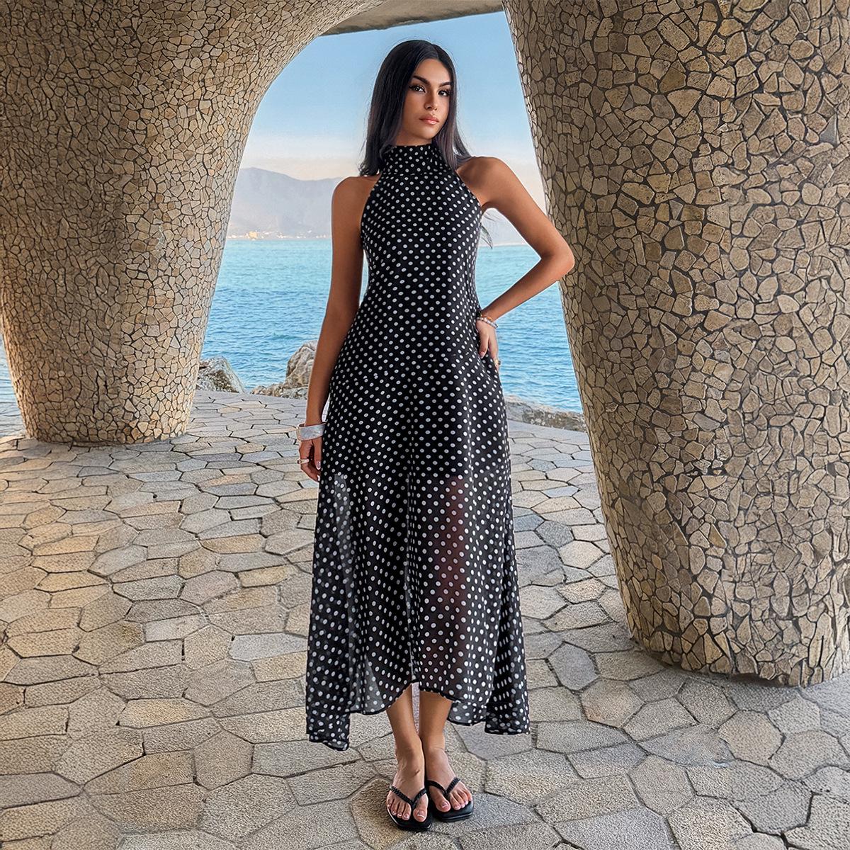 2026 Spring/Summer Women s Retro Polka Dot Halter Chiffon Dress - European American French Style XL