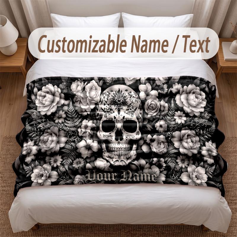 Skull Gothic Theme Soft Blanket Personalized Custom Name Text Print Warm Blanket Home Sofa Bedroom Decor