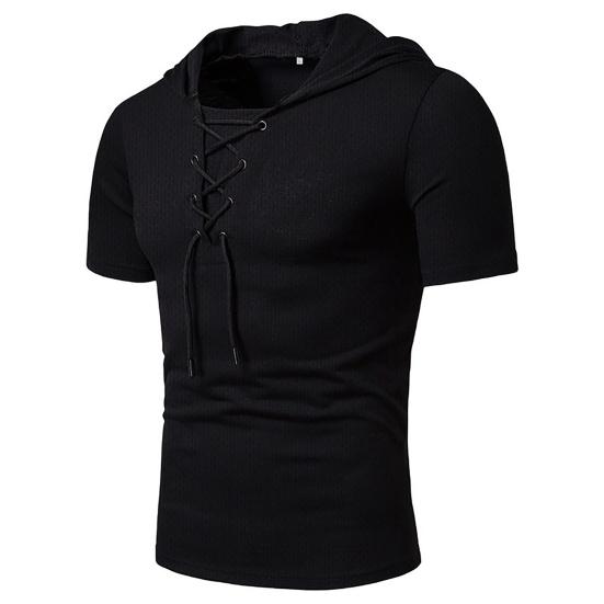 Men T-shirt Pure Color Lace-up Breathable Casual Summer Top for Daily Wear