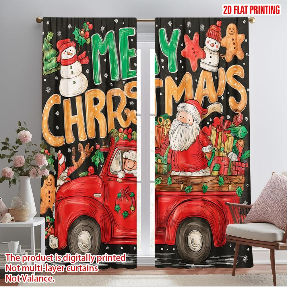 

2pcs,2D plane printing Curtain Fabric Red Pickup Truck_ Cute Snowman Durable 100% Polyester Fabric (without rod) Holiday Use for 52.50×116.00 CM 2pcs