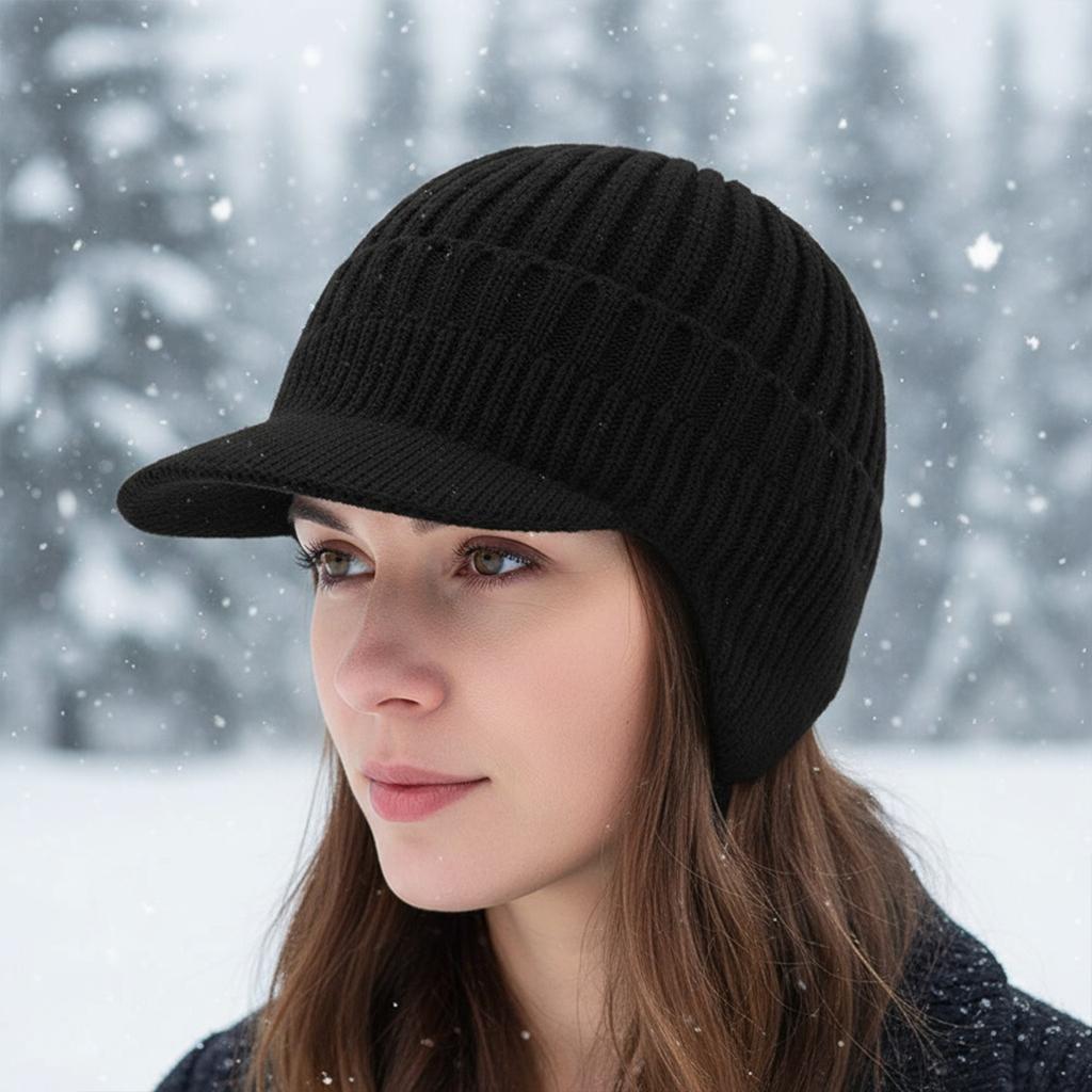 Men Women Winter Warm Knitted Beanie Ear Flap Fleece Lined Short Brim Skullies Cap Outdoor Ski Cycling Cold Weather Earmuff Hat