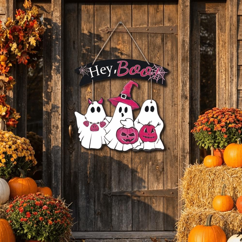 Wooden Halloween Ghost Door Sign Cartoon Door Hanging Cute Halloween Welcome Door Plaque Porch