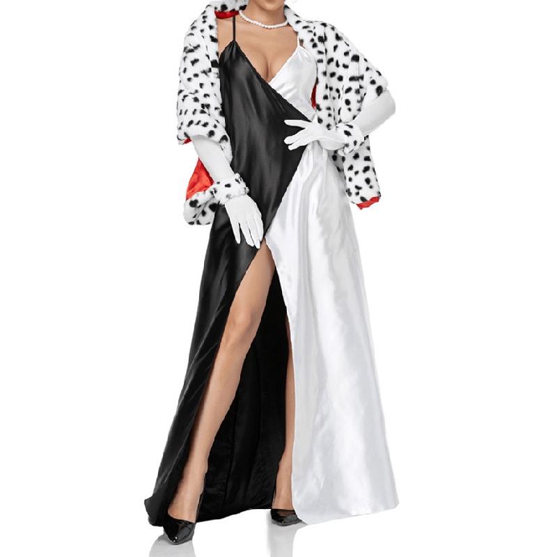 Women s Halloween 101 Dalmatians Cosplay Costume Black And White Witch Cruella De Vil Character Dress,M