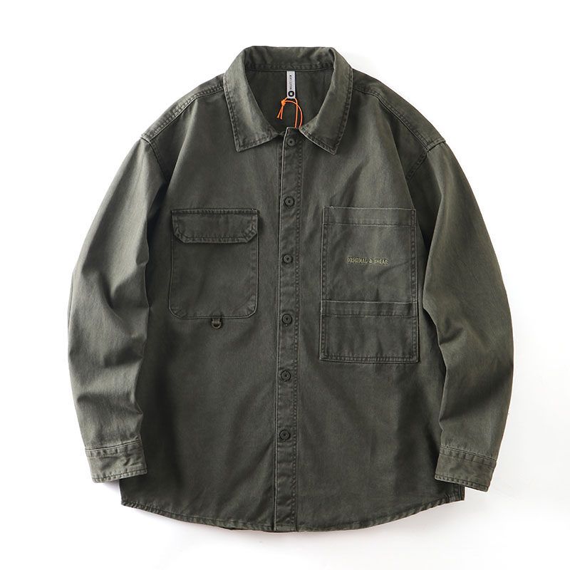 American vintage Heavy Pure Cotton Cargo Shirts Men's Autumn and Winter Long sleeve Outerwear Foreign Trade Cattle Goods Washed Casual Shirt