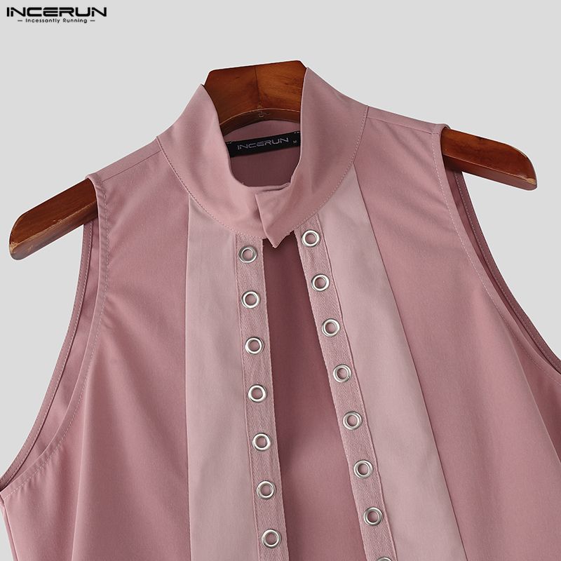 INCERUN Men Stand Neck Sleeveless Open Front Eyelet Casual Cosplay Long Vest Cardigan