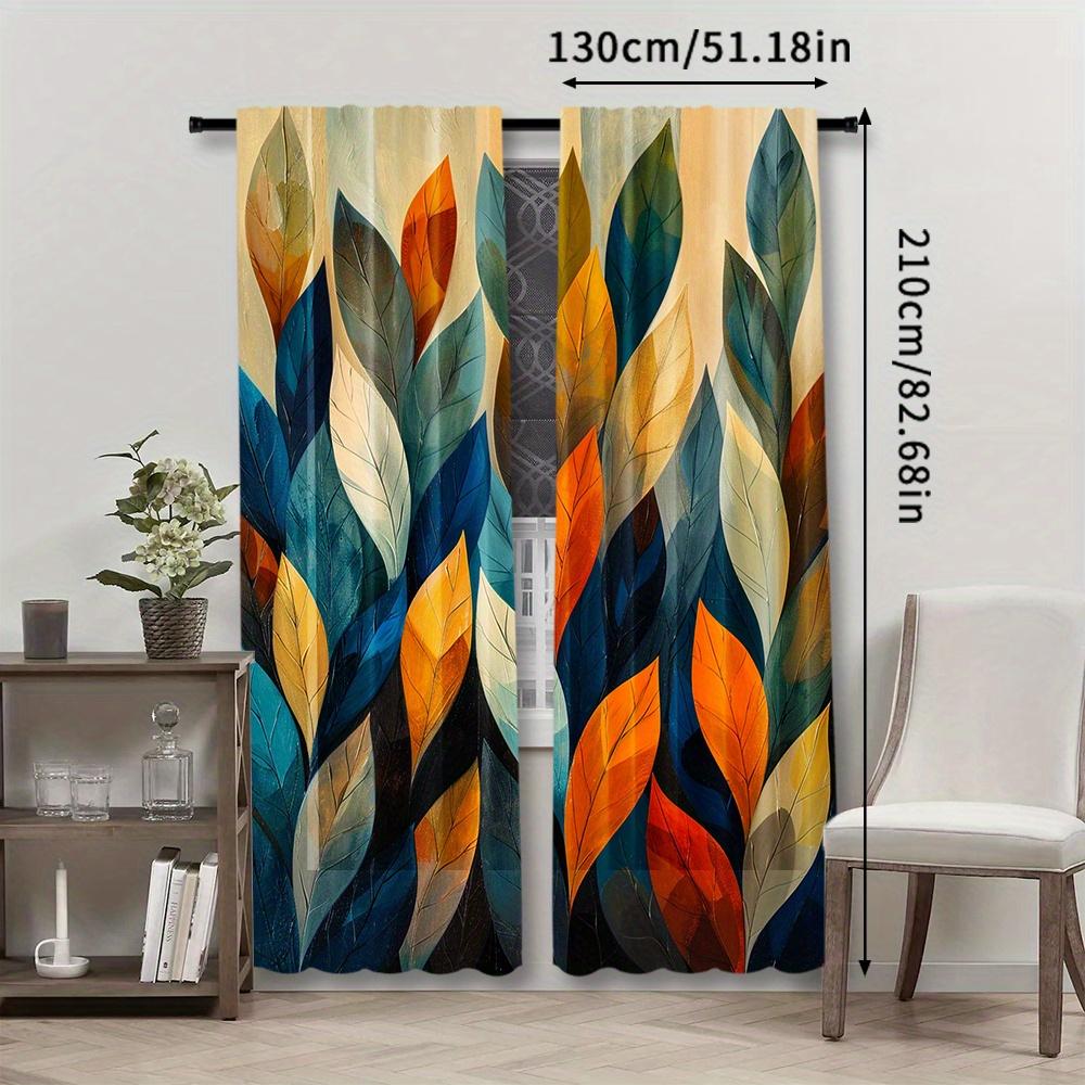 2pcs Vibrant Abstract Leaf Print Curtains - Rod Pocket   Semi-Transparent Polyester   Machine Washable - Ideal for Bedroom   Office