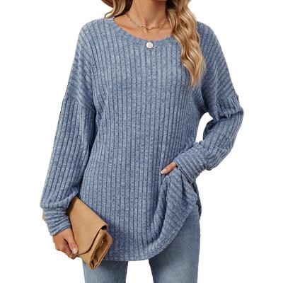 Herbst und Winter Damen Bluse Langarm Loose Rundhals Pit-Stripe Milled Tops