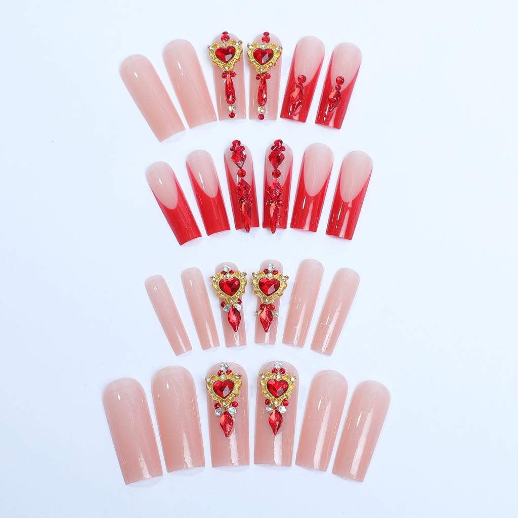 Popular long tube-shaped press-on nails, French light luxury ruby fake nails, detachable manicure nail pieces