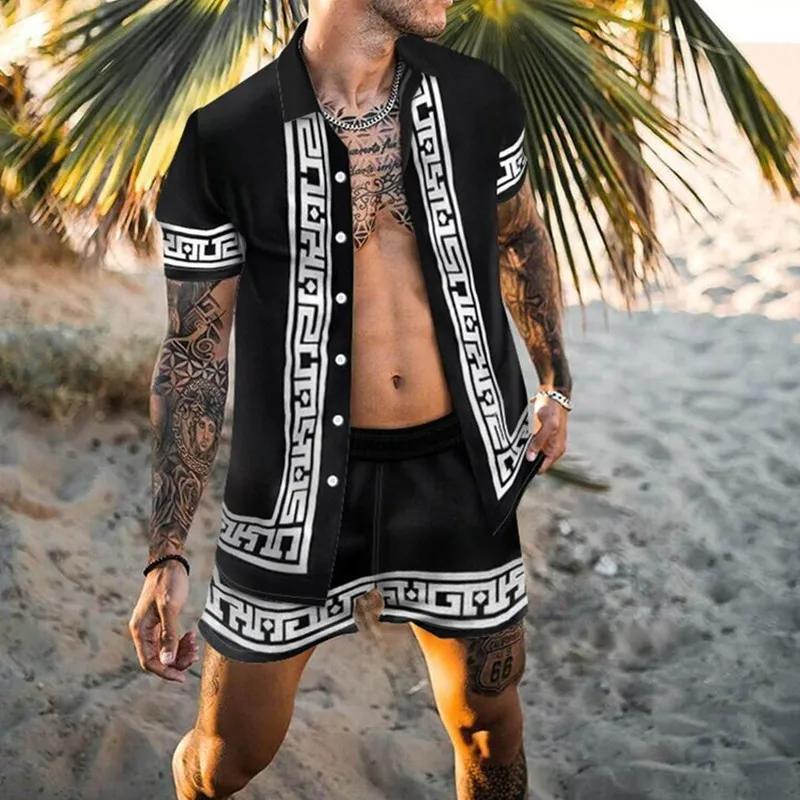 Summer Men's Fashion Leopard Print Short Sleeve Shirt And Shorts Set Beach Style T Shirt Breathable Shorts Two Piece Set