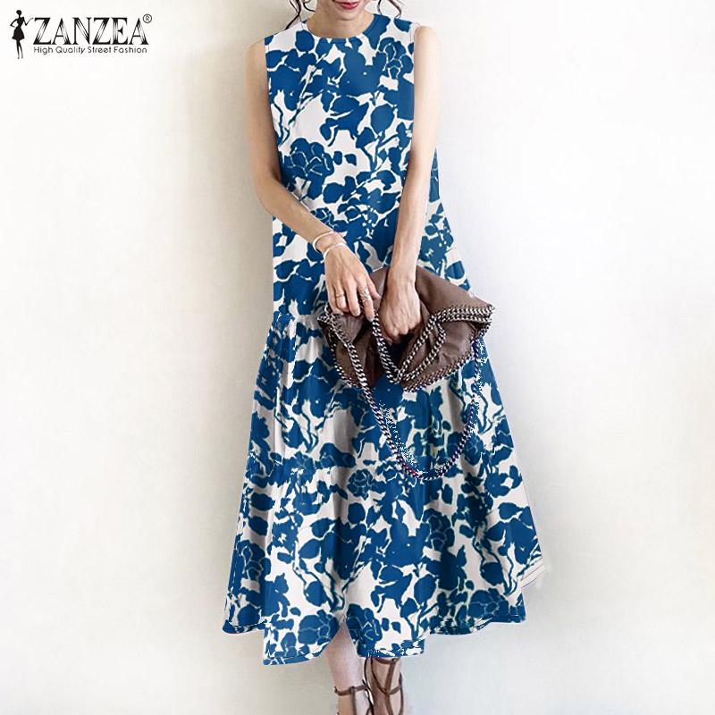 ZANZEA Women Casual O-neck Sleeveless Summer Print Tank Dress