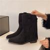 Sheepskin version~ retro western cowboy boots women's 2025 new pointed tassel short boots thick heel medium tube Martin boots