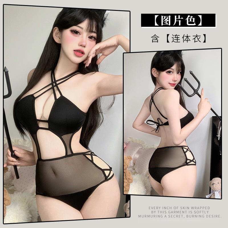 Sexy lingerie little devil neck-hanging perspective lace-up three-point hot perspective uniform free-of-charge set