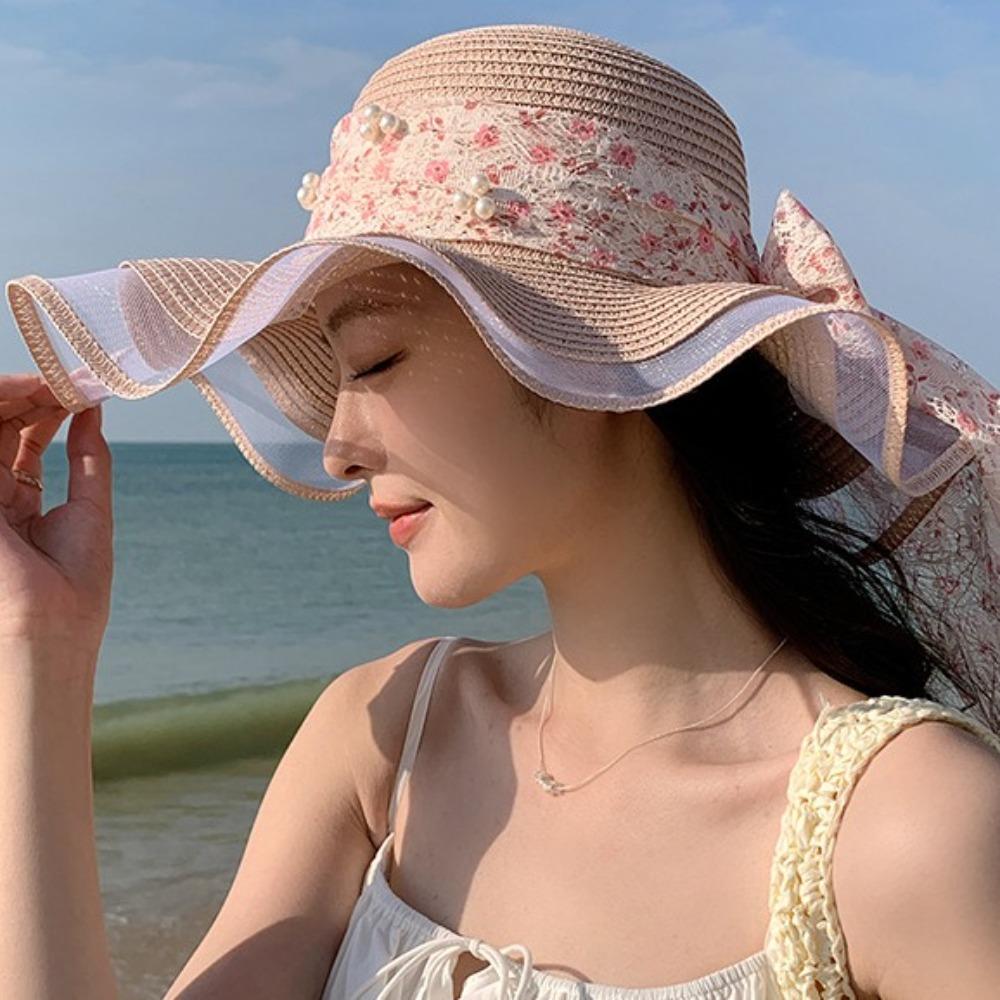 Bowknot Wide Brim Sun Hat Breathable Fisherman Sunshade Cap Fashion Lace Streamers Straw Hat  Girls