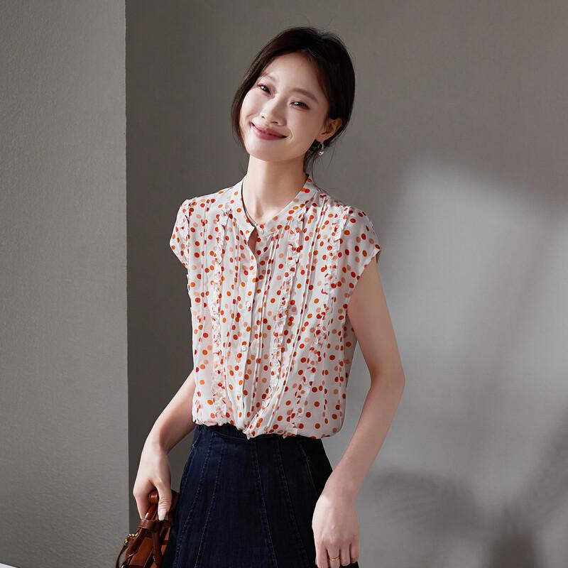 SOFSIL French Polka Dot Silk Short Sleeve Blouse L