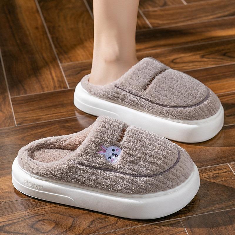 Women's Thick-soled Cotton Shoes for Indoor Home Use with Fleece and Anti-slip Couple Slippers