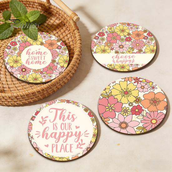 Easter Table Decor 4PCS Flower Coasters Set, Thick Cork Base Non-Slip Heat Resistant Drink Cute Animal Print Coasters, Floral Decorative for