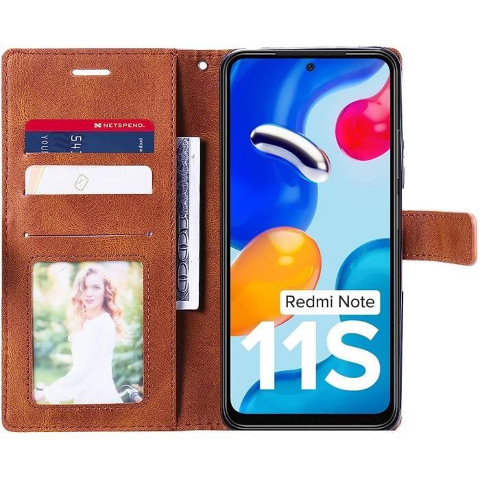 Hülle für Xiaomi Redmi Note 11S + 2 Panzergläser, Vollständiger Stoßschutz Lederoptik Braun