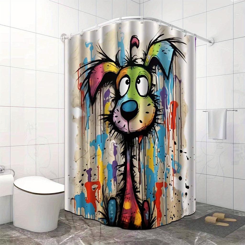 Süßer Bunter Hund Duschvorhang Abstrakte Gemalte Hunde Kunst Graffiti Stil Haustierliebhaber Dekor Wasserdichtes Gewebe Duschvorhang Set Zuhause