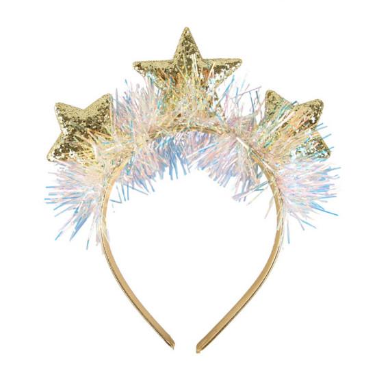 Colorful Rain Silk Star Crown Headband with Sparkly Sequins, 3D Glitter Hair Hoop Decorative Headwear for Wedding Christmas New Year Birthday,