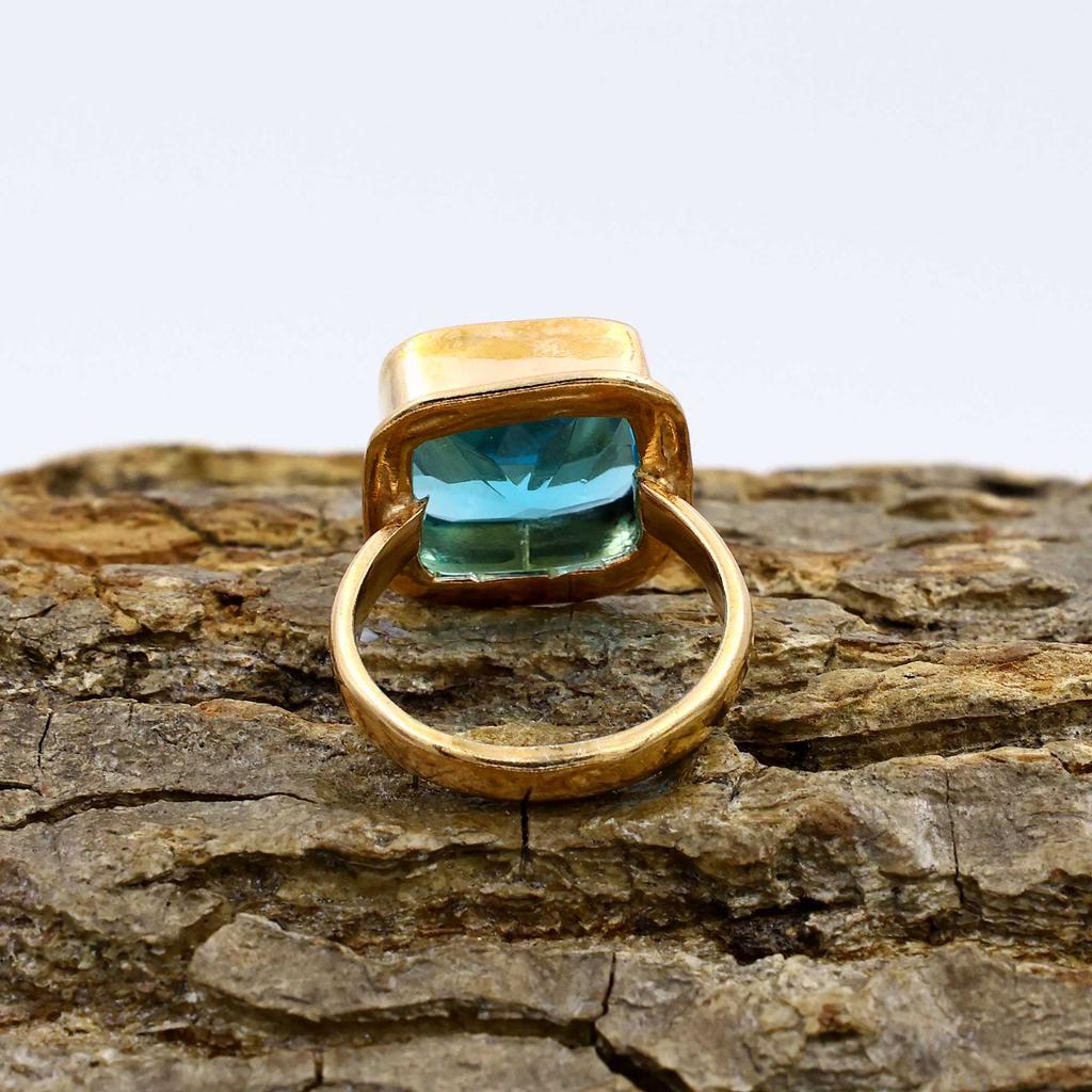 925 Sterling Silver Lab Created Blue Topaz Gemstone Cushion Ring, Yellow Gold Ring, Handmade Ring, Designer Ring