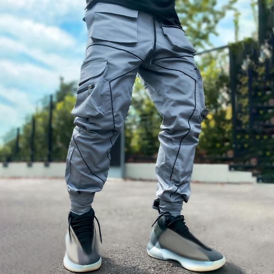Men Cargo Pants Ankle-banded Reflective Patchwork Multi Pockets Loose Casual Straight Leg
