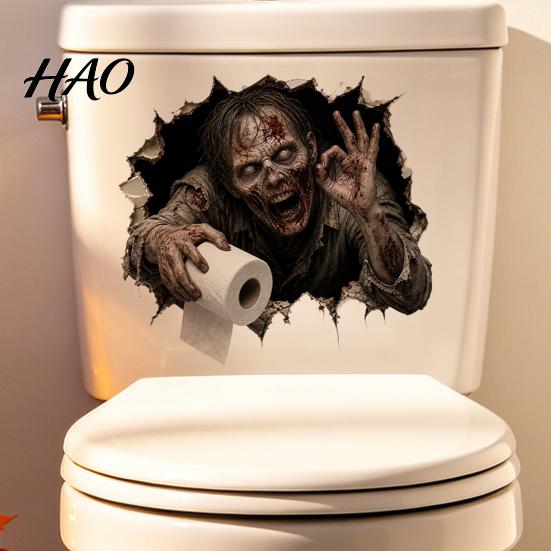 Graphic Wall Stickers for Refrigerator Spooky Crack Ghost Toilet Tank Lid Sticker, Halloween Horror 3D Broken Zombie Funny Bathroom Supplies