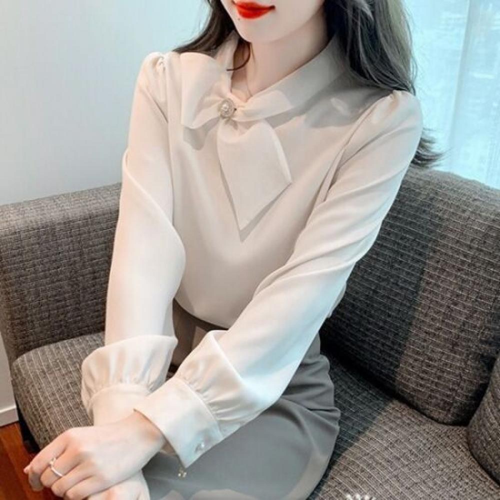 Navava Women Simple Ribbon Neck Long Sleeve Blouse Nb3053