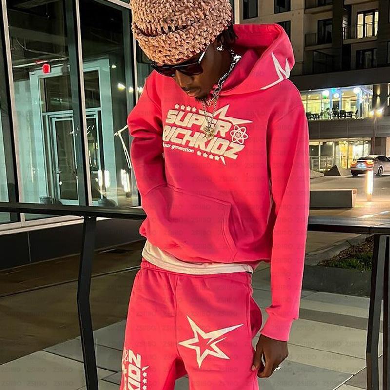 Star letter 3D printed hooded sweater men's and women's European and American hip-hop sweatshirt loose coat set