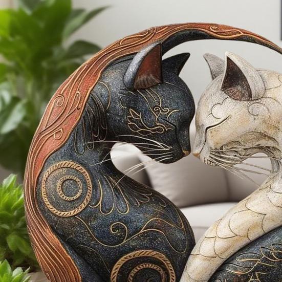 Black White Cat Figurine Chinese Style Cat Yin Yang Art Resin Statue Sculpture Home Office Desktop Decoration Ornament
