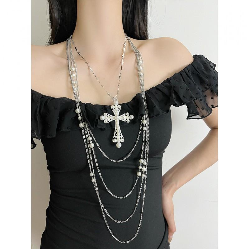 Y2K Punk Layered Cross Necklace Set Women Alloy Tone Chunky Gothic Choker Chain Jewelry